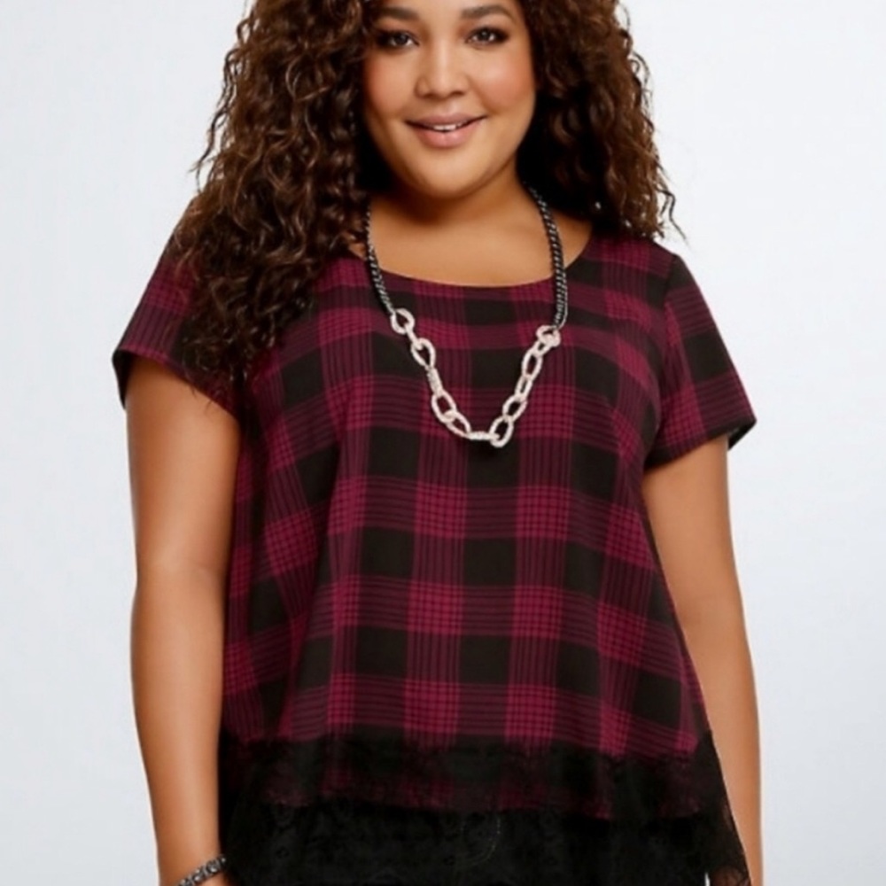 Torrid Black and Red Plaid Lace Bottom Blouse